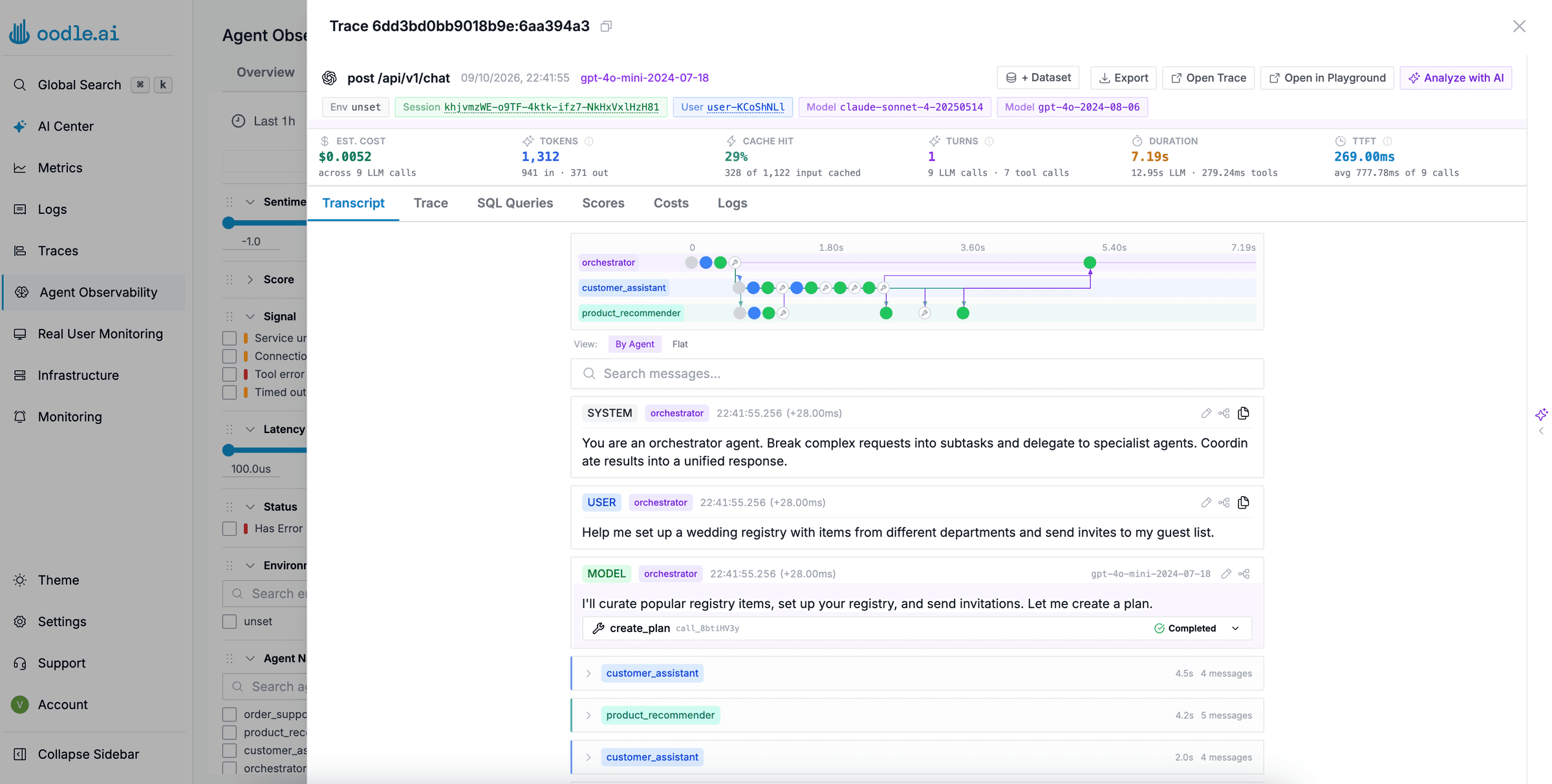 An agent trace in Oodle: orchestrator, customer assistant and product recommender agents on a timeline, with the transcript, cost, tokens, turns and signals