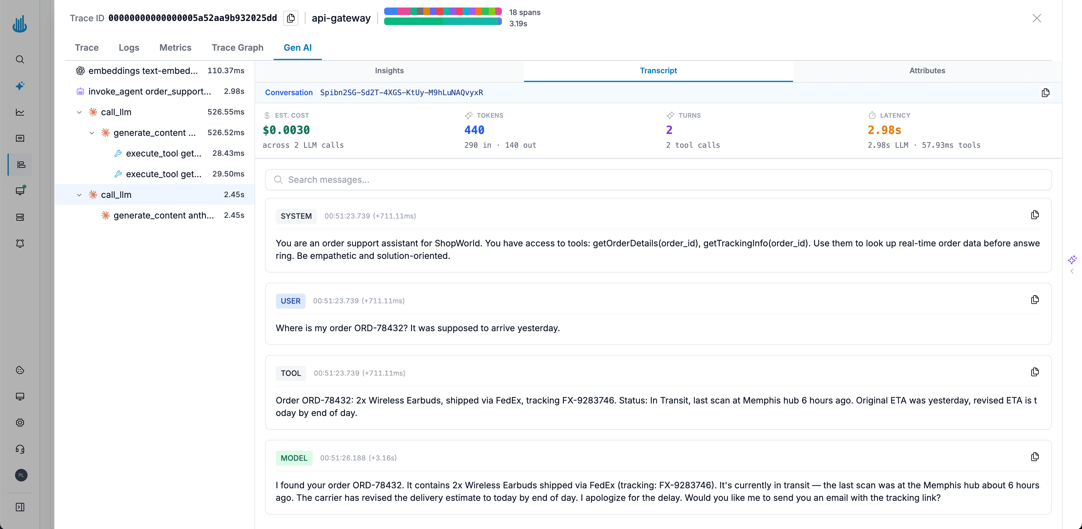 LLM trace transcript view showing multi-turn conversation with token stats and cost estimation