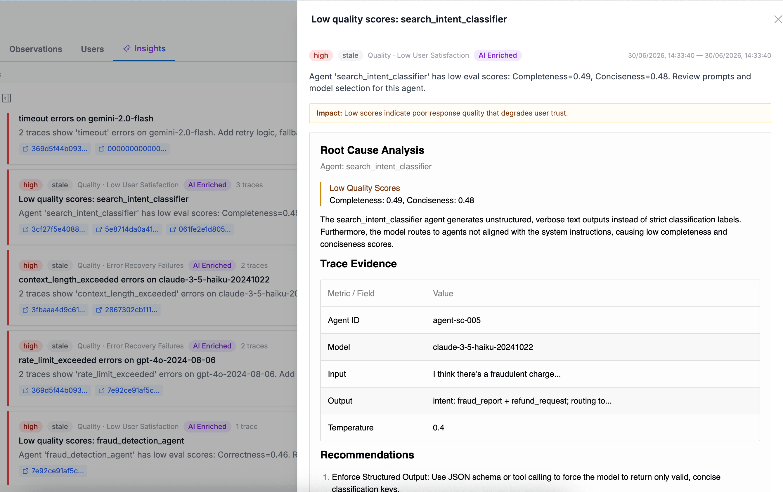 Insights in Oodle: issues grouped by cause with example sessions
