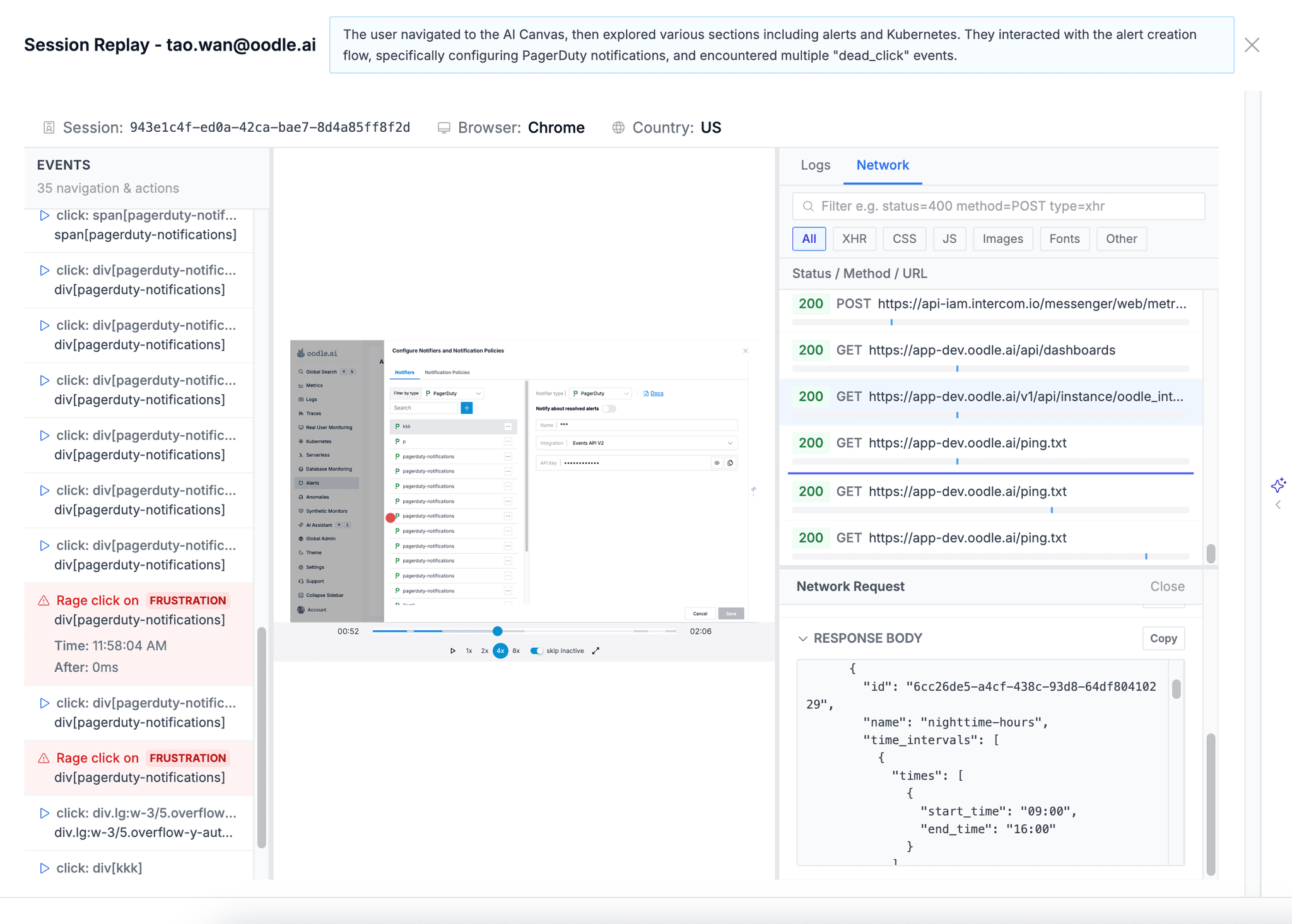 Session Replay with event timeline, network waterfall, and AI summary